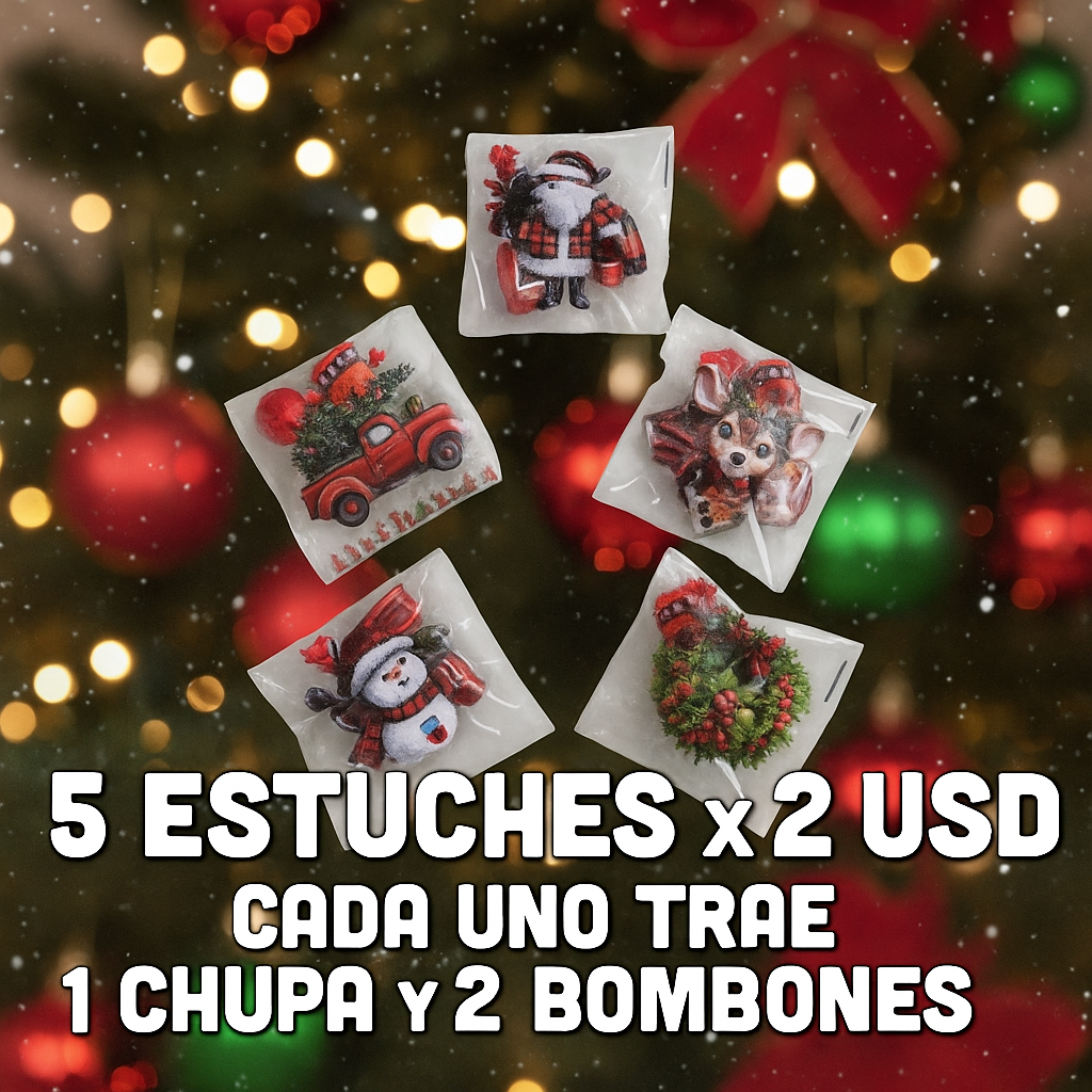 5 ESTUCHES NAVIDEÑOS(1CHUPA CON CHICLE Y 2 BOMBONES C/U)