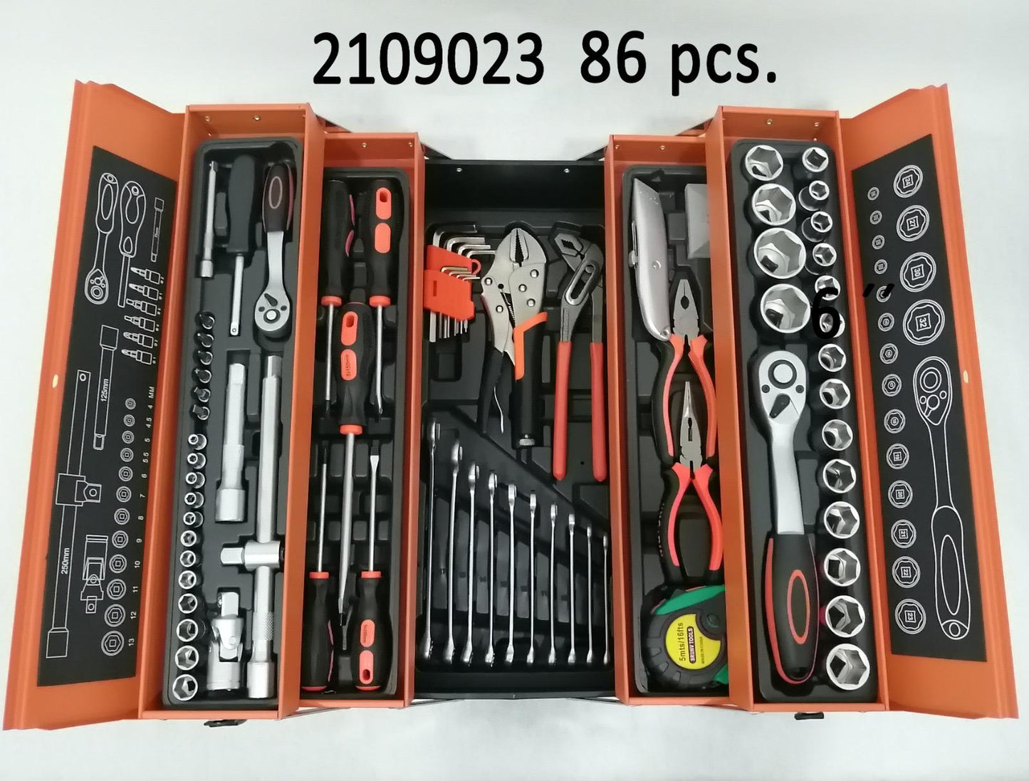 JUEGO 86 PCS RACHET CAJA METALICA DE 1/2 COPA