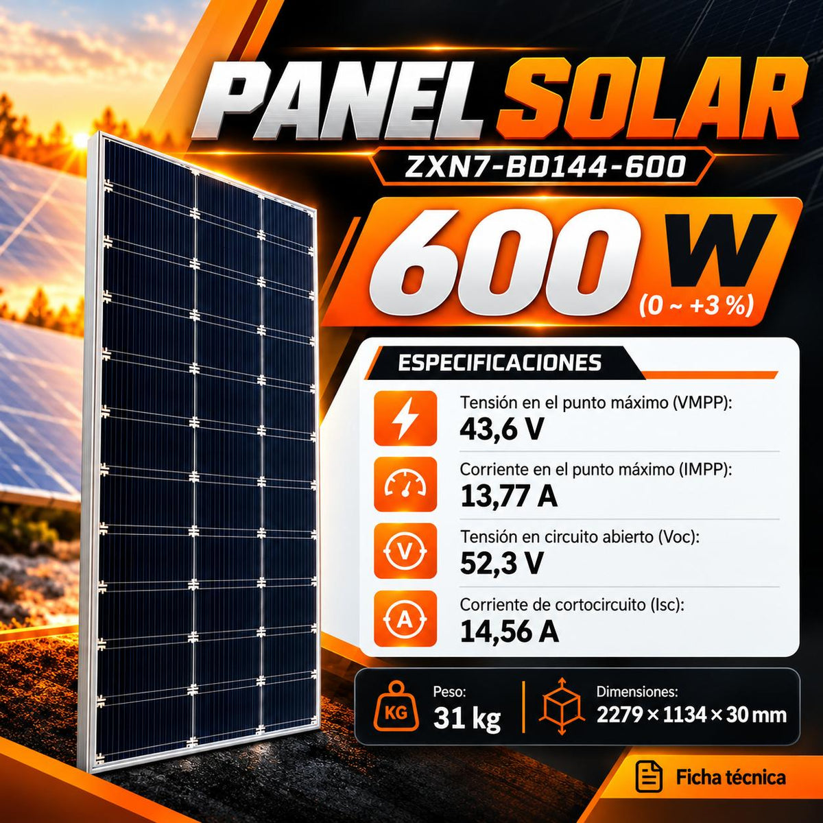 PANEL SOLAR 600 W-ZXN7-BD144-600